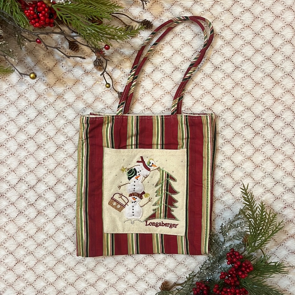 Collectible Longaberger Embroidered Snowmen Christmas Tote Bag